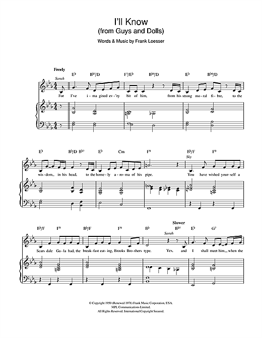 Preview Frank Loesser I'll Know (from Guys and Dolls) Musicals sheet music, notes and chords for Piano, Vocal & Guitar, SKU: 114891 sheet music, piano notes, chords, guitar tabs, score, transpose, transcribe, how to play, guide, download, learn, tutorial, progression, song, artist, awards, billboard, mtv, vh1, tour, single, album, release
