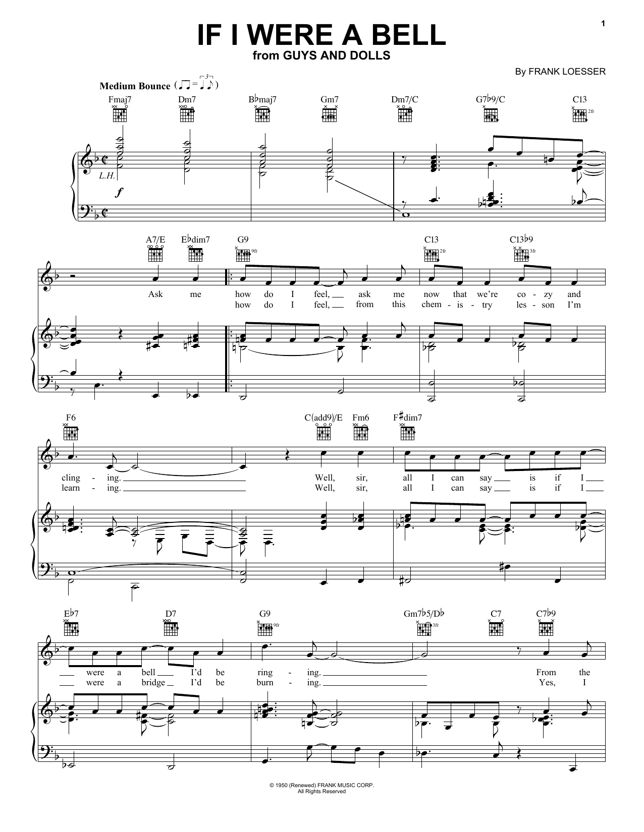 Preview Frank Loesser If I Were A Bell Film and TV sheet music, notes and chords for Piano, Vocal & Guitar (Right-Hand Melody), SKU: 52083 Download Frank Loesser If I Were A Bell sheet music and printable PDF score & Film and TV music notes
