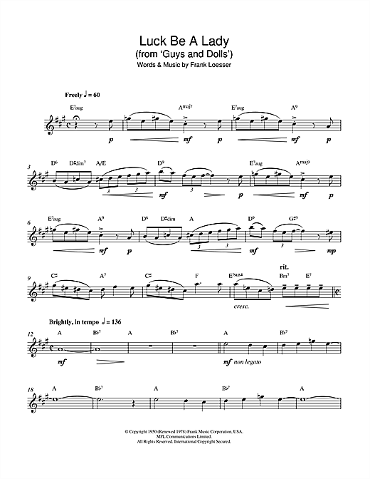 Preview Frank Loesser Luck Be A Lady (from 'Guys and Dolls') Musicals sheet music, notes and chords for Alto Saxophone, SKU: 114548 sheet music, piano notes, chords, guitar tabs, score, transpose, transcribe, how to play, guide, download, learn, tutorial, progression, song, artist, awards, billboard, mtv, vh1, tour, single, album, release