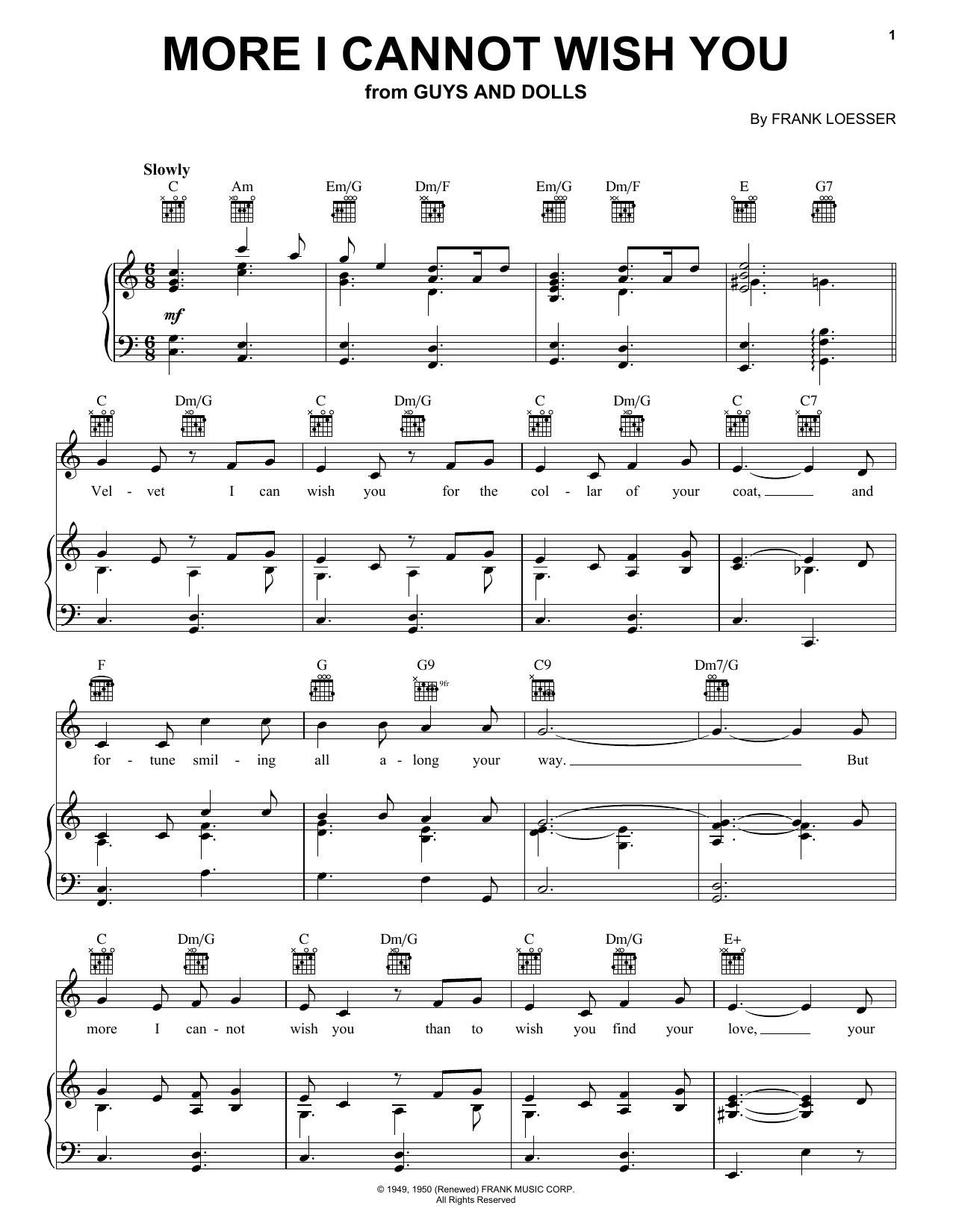 Preview Frank Loesser More I Cannot Wish You Pop sheet music, notes and chords for Piano, Vocal & Guitar (Right-Hand Melody), SKU: 58548 sheet music, piano notes, chords, guitar tabs, score, transpose, transcribe, how to play, guide, download, learn, tutorial, progression, song, artist, awards, billboard, mtv, vh1, tour, single, album, release