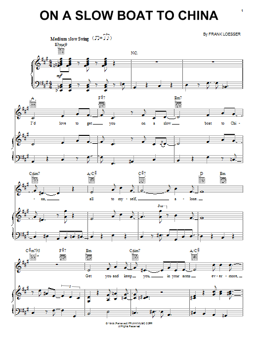 Preview Frank Loesser On A Slow Boat To China Jazz sheet music, notes and chords for Easy Guitar Tab, SKU: 82084 Download Frank Loesser On A Slow Boat To China sheet music and printable PDF score & Jazz music notes