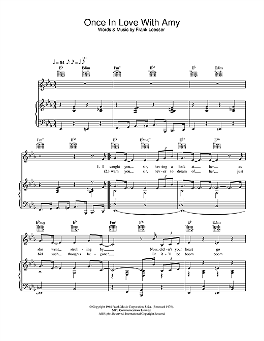 Preview Frank Loesser Once In Love With Amy (from Where's Charley?) Musical/Show sheet music, notes and chords for Piano Chords/Lyrics, SKU: 357731 sheet music, piano notes, chords, guitar tabs, score, transpose, transcribe, how to play, guide, download, learn, tutorial, progression, song, artist, awards, billboard, mtv, vh1, tour, single, album, release