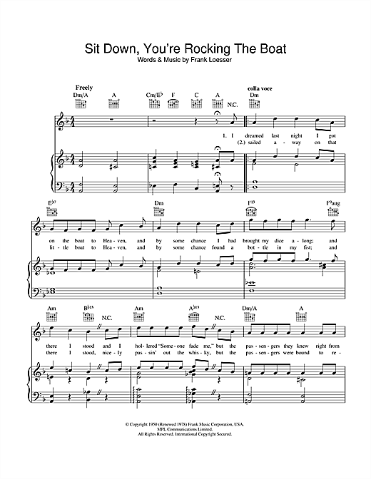 Preview Frank Loesser Sit Down, You're Rockin' The Boat Musicals sheet music, notes and chords for Keyboard, SKU: 108112 sheet music, piano notes, chords, guitar tabs, score, transpose, transcribe, how to play, guide, download, learn, tutorial, progression, song, artist, awards, billboard, mtv, vh1, tour, single, album, release