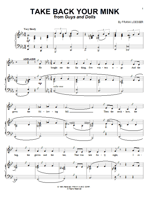 Preview Frank Loesser Take Back Your Mink Broadway sheet music, notes and chords for Piano, Vocal & Guitar (Right-Hand Melody), SKU: 69870 Download Frank Loesser Take Back Your Mink sheet music and printable PDF score & Broadway music notes