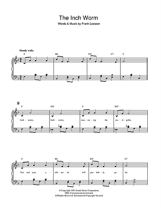 Preview Frank Loesser The Inch Worm Children sheet music, notes and chords for Piano, Vocal & Guitar (Right-Hand Melody), SKU: 69256 Download Frank Loesser The Inch Worm sheet music and printable PDF score & Children music notes