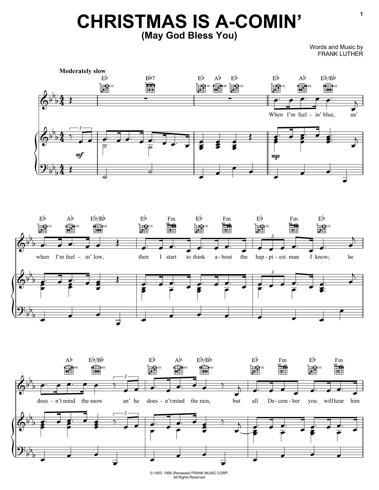 Preview Frank Luther Christmas Is A-Comin' (May God Bless You) Jazz sheet music, notes and chords for Piano, Vocal & Guitar (Right-Hand Melody), SKU: 52096 Download Frank Luther Christmas Is A-Comin' (May God Bless You) sheet music and printable PDF score & Jazz music notes
