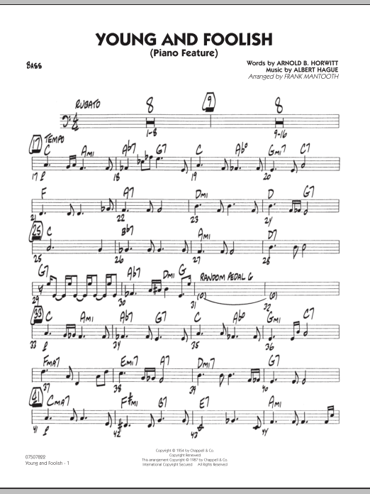 Preview Frank Mantooth Young And Foolish - Bass Jazz sheet music, notes and chords for Jazz Ensemble, SKU: 286287 sheet music, piano notes, chords, guitar tabs, score, transpose, transcribe, how to play, guide, download, learn, tutorial, progression, song, artist, awards, billboard, mtv, vh1, tour, single, album, release