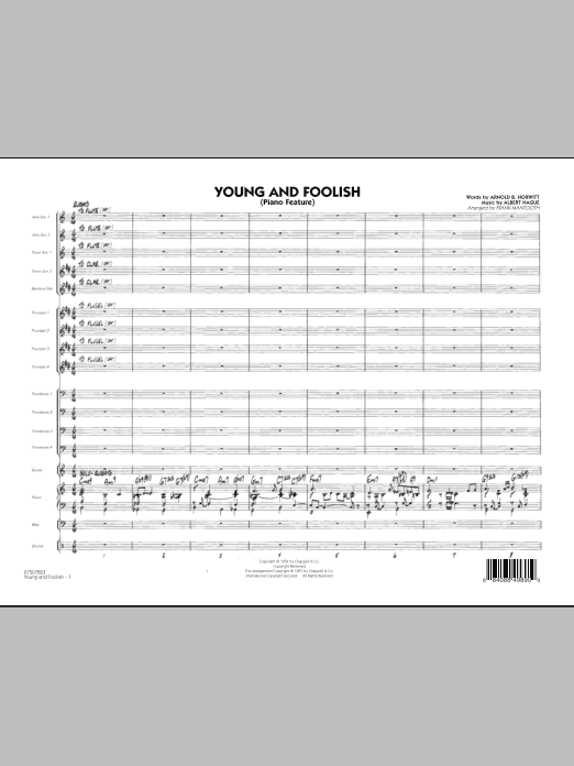 Preview Frank Mantooth Young And Foolish - Full Score Jazz sheet music, notes and chords for Jazz Ensemble, SKU: 286218 sheet music, piano notes, chords, guitar tabs, score, transpose, transcribe, how to play, guide, download, learn, tutorial, progression, song, artist, awards, billboard, mtv, vh1, tour, single, album, release