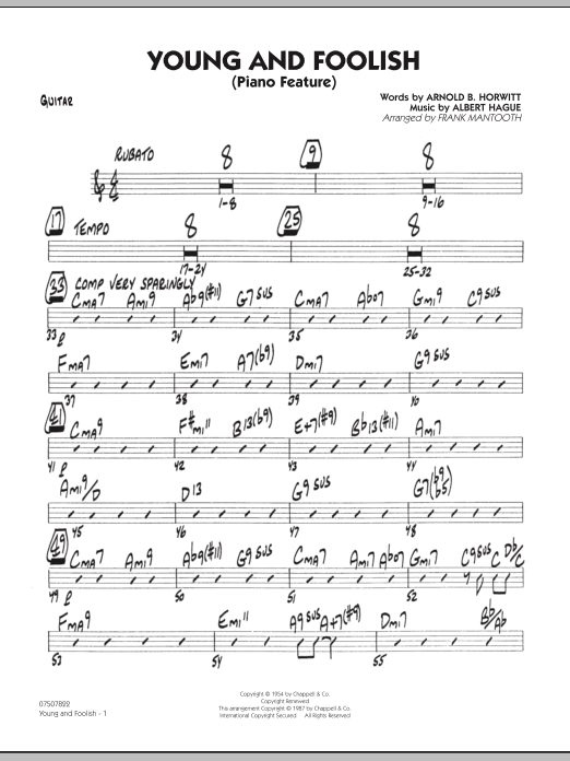 Preview Frank Mantooth Young And Foolish - Guitar Jazz sheet music, notes and chords for Jazz Ensemble, SKU: 286285 sheet music, piano notes, chords, guitar tabs, score, transpose, transcribe, how to play, guide, download, learn, tutorial, progression, song, artist, awards, billboard, mtv, vh1, tour, single, album, release