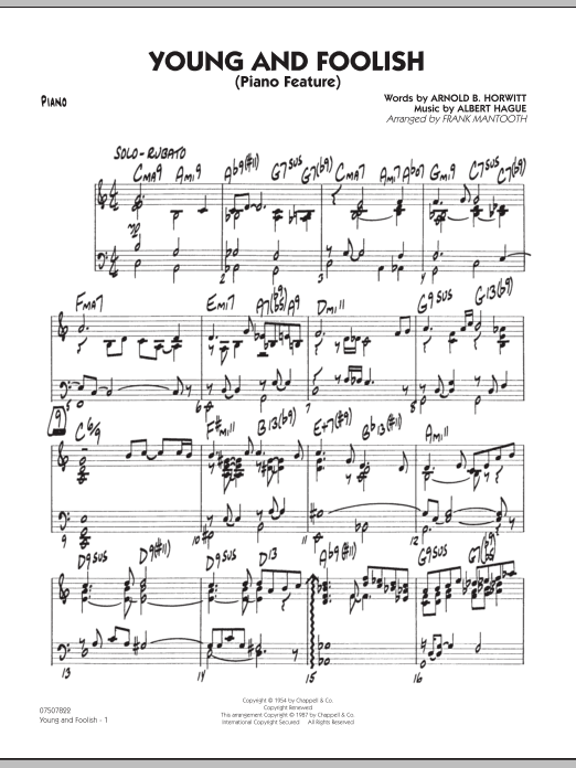 Preview Frank Mantooth Young And Foolish - Piano Jazz sheet music, notes and chords for Jazz Ensemble, SKU: 286286 sheet music, piano notes, chords, guitar tabs, score, transpose, transcribe, how to play, guide, download, learn, tutorial, progression, song, artist, awards, billboard, mtv, vh1, tour, single, album, release