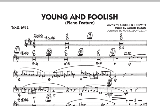 Preview Frank Mantooth Young And Foolish - Tenor Sax 2 Jazz sheet music, notes and chords for Jazz Ensemble, SKU: 286275 sheet music, piano notes, chords, guitar tabs, score, transpose, transcribe, how to play, guide, download, learn, tutorial, progression, song, artist, awards, billboard, mtv, vh1, tour, single, album, release