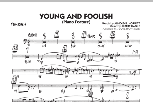 Preview Frank Mantooth Young And Foolish - Trombone 4 Jazz sheet music, notes and chords for Jazz Ensemble, SKU: 286284 sheet music, piano notes, chords, guitar tabs, score, transpose, transcribe, how to play, guide, download, learn, tutorial, progression, song, artist, awards, billboard, mtv, vh1, tour, single, album, release