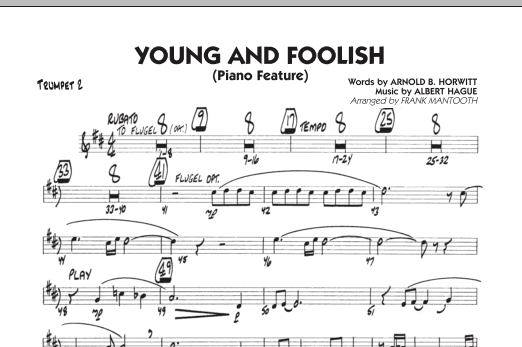 Preview Frank Mantooth Young And Foolish - Trumpet 2 Jazz sheet music, notes and chords for Jazz Ensemble, SKU: 286278 sheet music, piano notes, chords, guitar tabs, score, transpose, transcribe, how to play, guide, download, learn, tutorial, progression, song, artist, awards, billboard, mtv, vh1, tour, single, album, release
