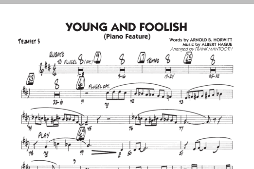 Preview Frank Mantooth Young And Foolish - Trumpet 3 Jazz sheet music, notes and chords for Jazz Ensemble, SKU: 286279 sheet music, piano notes, chords, guitar tabs, score, transpose, transcribe, how to play, guide, download, learn, tutorial, progression, song, artist, awards, billboard, mtv, vh1, tour, single, album, release