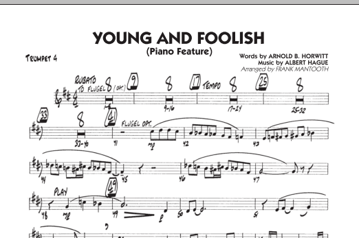Preview Frank Mantooth Young And Foolish - Trumpet 4 Jazz sheet music, notes and chords for Jazz Ensemble, SKU: 286280 sheet music, piano notes, chords, guitar tabs, score, transpose, transcribe, how to play, guide, download, learn, tutorial, progression, song, artist, awards, billboard, mtv, vh1, tour, single, album, release