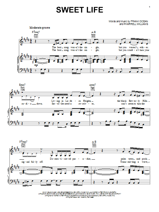 Frank Ocean Sweet Life Sheet Music Download Printable Pop Pdf Piano Vocal Guitar Right Hand Melody Score Sku 95081