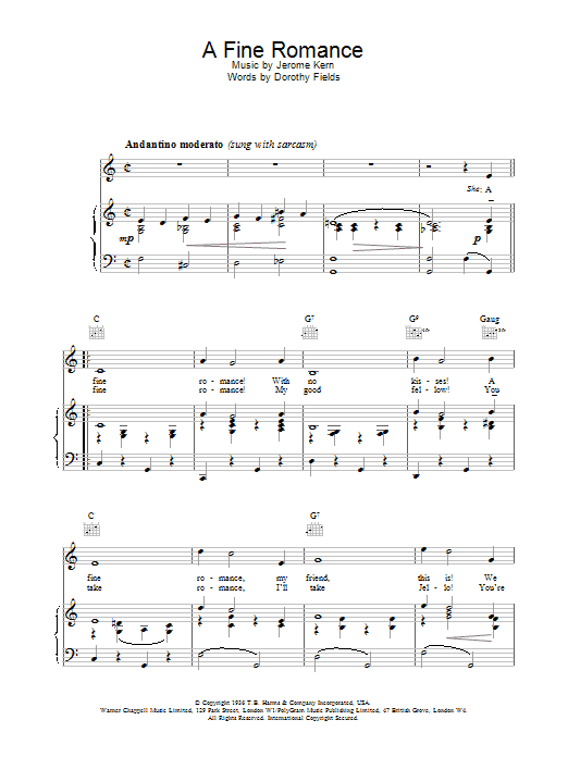 Preview Frank Sinatra A Fine Romance Jazz sheet music, notes and chords for Piano, Vocal & Guitar (Right-Hand Melody), SKU: 13621 Download Frank Sinatra A Fine Romance sheet music and printable PDF score & Jazz music notes