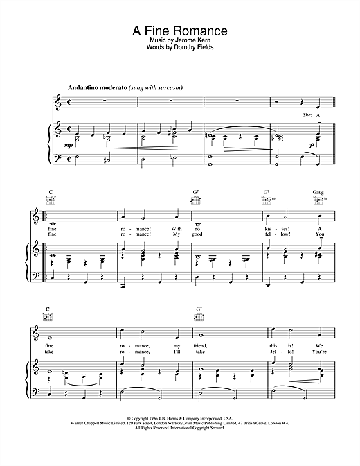 Preview Frank Sinatra A Fine Romance Jazz sheet music, notes and chords for Piano, Vocal & Guitar (Right-Hand Melody), SKU: 13621 sheet music, piano notes, chords, guitar tabs, score, transpose, transcribe, how to play, guide, download, learn, tutorial, progression, song, artist, awards, billboard, mtv, vh1, tour, single, album, release