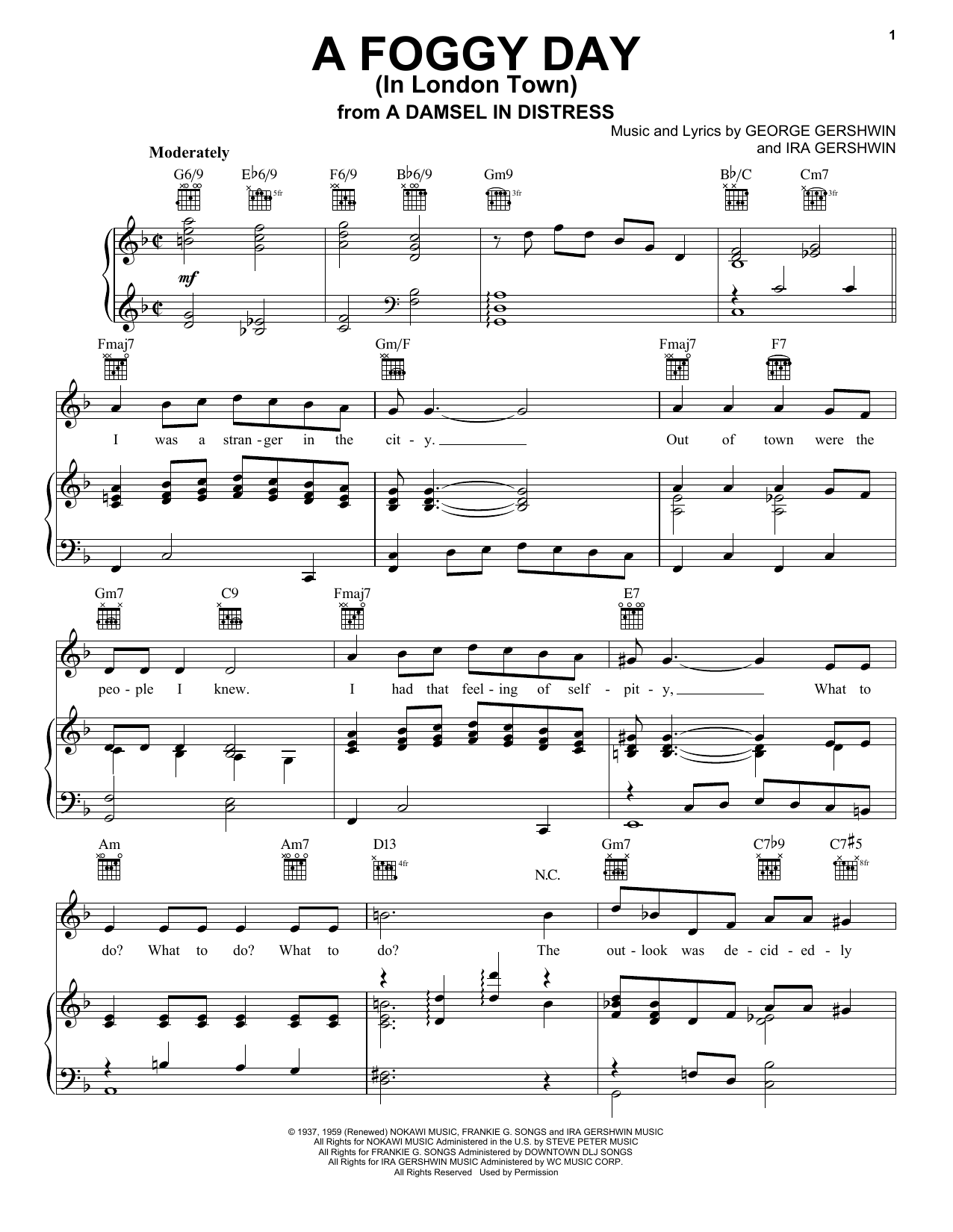 Preview Frank Sinatra A Foggy Day Jazz sheet music, notes and chords for Piano, Vocal & Guitar (Right-Hand Melody), SKU: 13622 sheet music, piano notes, chords, guitar tabs, score, transpose, transcribe, how to play, guide, download, learn, tutorial, progression, song, artist, awards, billboard, mtv, vh1, tour, single, album, release