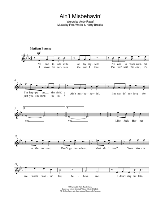 Preview Frank Sinatra Ain't Misbehavin' Jazz sheet music, notes and chords for Melody Line, Lyrics & Chords, SKU: 13922 Download Frank Sinatra Ain't Misbehavin' sheet music and printable PDF score & Jazz music notes
