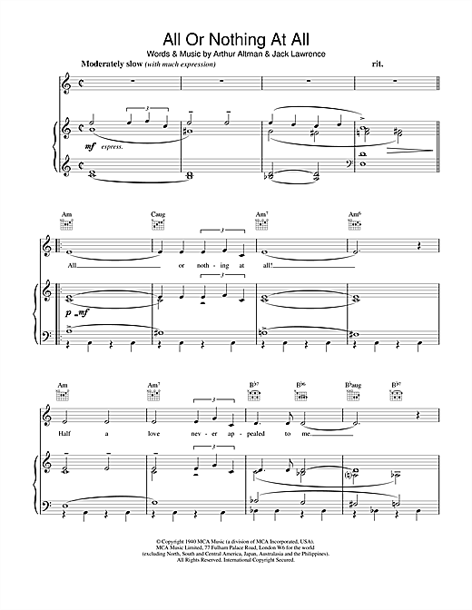 Preview Frank Sinatra All Or Nothing At All Jazz sheet music, notes and chords for Piano, Vocal & Guitar (Right-Hand Melody), SKU: 13618 sheet music, piano notes, chords, guitar tabs, score, transpose, transcribe, how to play, guide, download, learn, tutorial, progression, song, artist, awards, billboard, mtv, vh1, tour, single, album, release