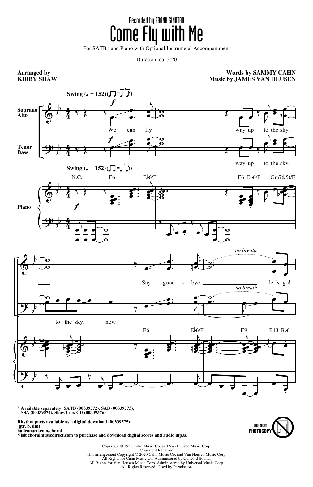 Download Frank Sinatra Come Fly With Me (arr. Kirby Shaw) sheet music and printable PDF score & Standards music notes