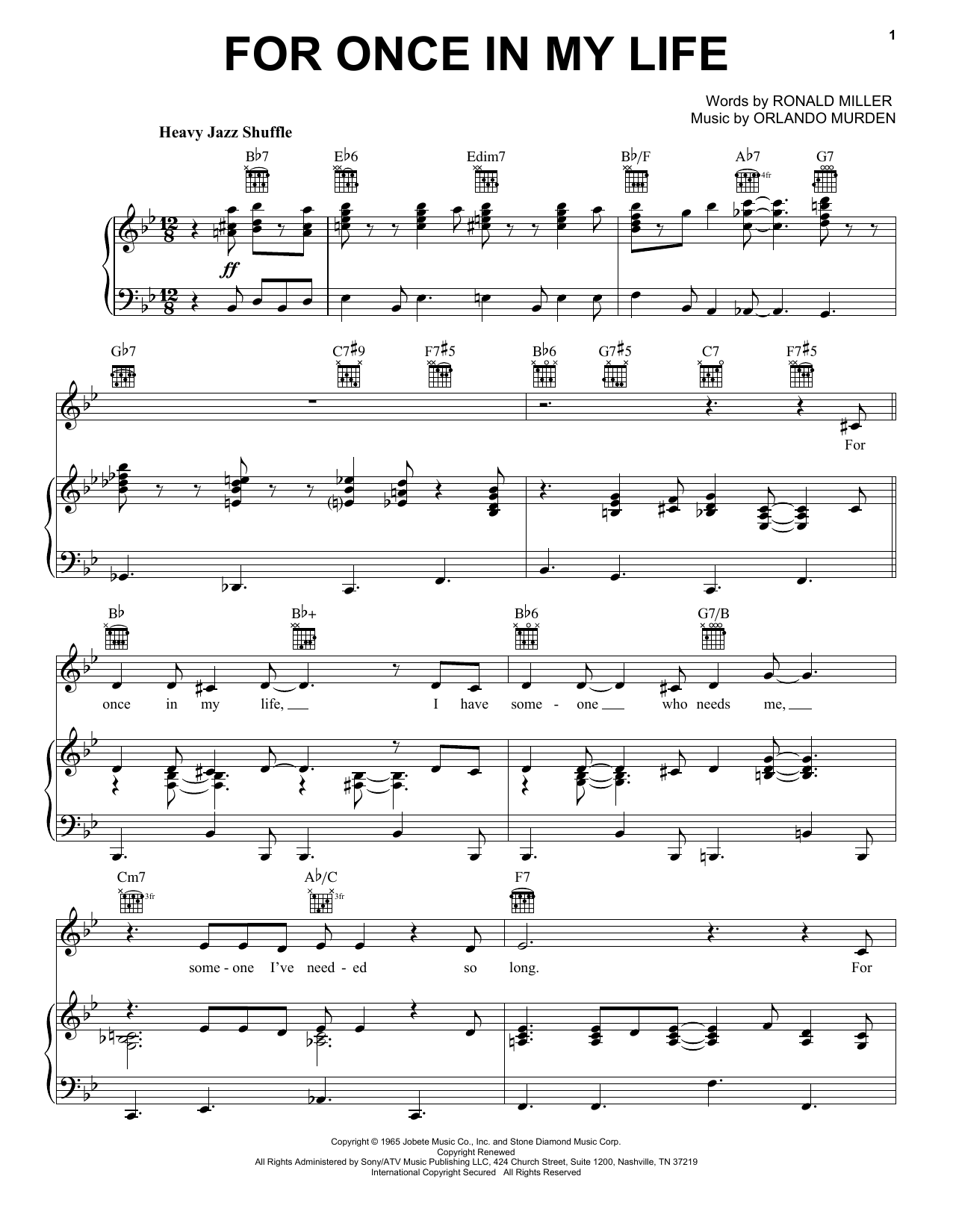 Download Frank Sinatra For Once In My Life sheet music and printable PDF score & Jazz music notes