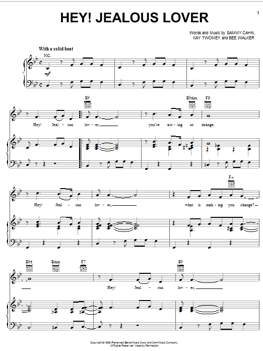 Preview Frank Sinatra Hey! Jealous Lover Jazz sheet music, notes and chords for Piano, Vocal & Guitar (Right-Hand Melody), SKU: 51313 Download Frank Sinatra Hey! Jealous Lover sheet music and printable PDF score & Jazz music notes