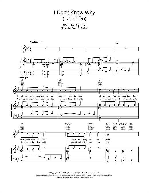 Preview Frank Sinatra I Don't Know Why (I Just Do) Folk sheet music, notes and chords for Piano, Vocal & Guitar (Right-Hand Melody), SKU: 51639 sheet music, piano notes, chords, guitar tabs, score, transpose, transcribe, how to play, guide, download, learn, tutorial, progression, song, artist, awards, billboard, mtv, vh1, tour, single, album, release