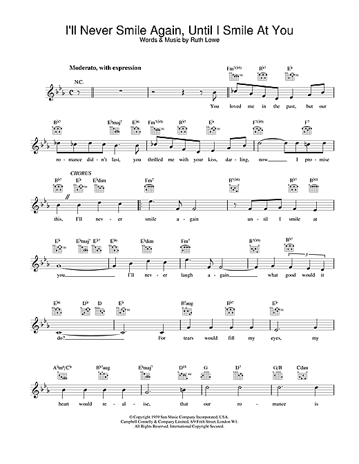 Preview Frank Sinatra I'll Never Smile Again, Until I Smile At You Jazz sheet music, notes and chords for Melody Line, Lyrics & Chords, SKU: 25078 Download Frank Sinatra I'll Never Smile Again, Until I Smile At You sheet music and printable PDF score & Jazz music notes