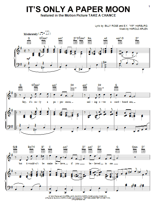 Preview Frank Sinatra It's Only A Paper Moon Jazz sheet music, notes and chords for Piano, Vocal & Guitar (Right-Hand Melody), SKU: 21428 sheet music, piano notes, chords, guitar tabs, score, transpose, transcribe, how to play, guide, download, learn, tutorial, progression, song, artist, awards, billboard, mtv, vh1, tour, single, album, release