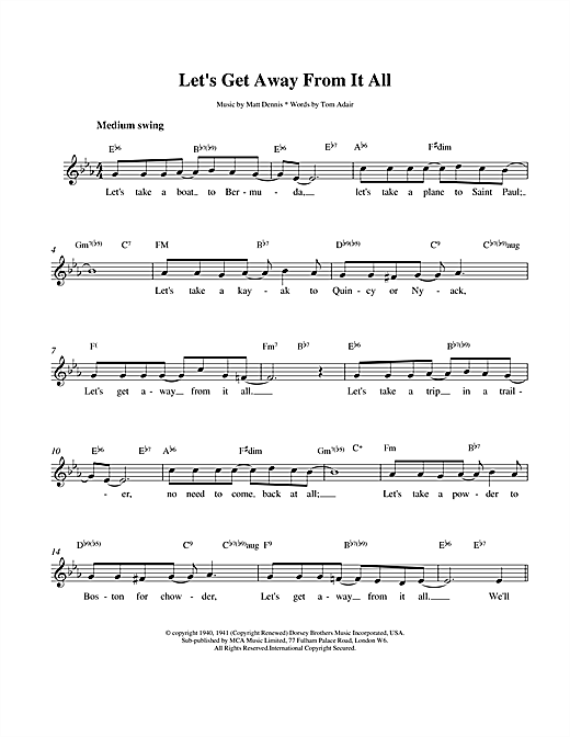 Preview Frank Sinatra Let's Get Away From It All Jazz sheet music, notes and chords for Piano, Vocal & Guitar (Right-Hand Melody), SKU: 14619 sheet music, piano notes, chords, guitar tabs, score, transpose, transcribe, how to play, guide, download, learn, tutorial, progression, song, artist, awards, billboard, mtv, vh1, tour, single, album, release