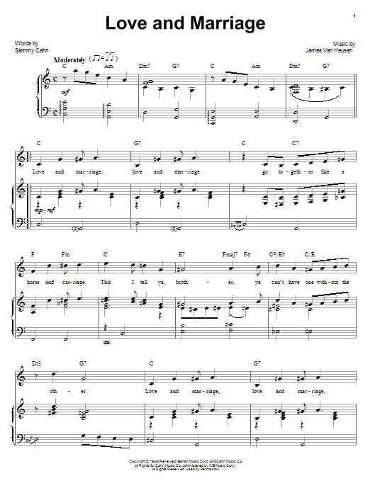 Preview Frank Sinatra Love And Marriage Jazz sheet music, notes and chords for Piano, Vocal & Guitar, SKU: 114962 sheet music, piano notes, chords, guitar tabs, score, transpose, transcribe, how to play, guide, download, learn, tutorial, progression, song, artist, awards, billboard, mtv, vh1, tour, single, album, release