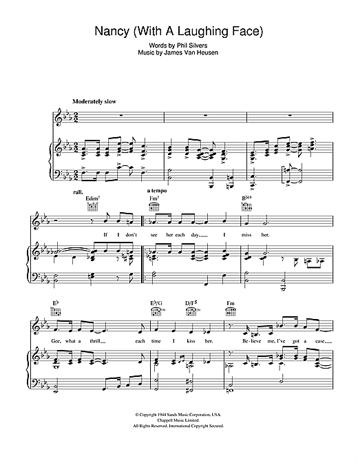 Preview Frank Sinatra Nancy (With The Laughing Face) Easy Listening sheet music, notes and chords for Piano, Vocal & Guitar (Right-Hand Melody), SKU: 47552 sheet music, piano notes, chords, guitar tabs, score, transpose, transcribe, how to play, guide, download, learn, tutorial, progression, song, artist, awards, billboard, mtv, vh1, tour, single, album, release