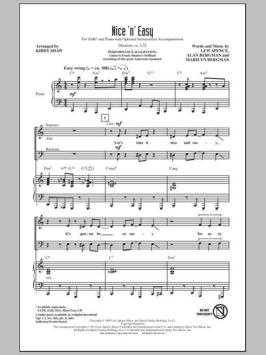 Preview Frank Sinatra Nice 'n' Easy (arr. Kirby Shaw) Concert sheet music, notes and chords for SATB, SKU: 82334 sheet music, piano notes, chords, guitar tabs, score, transpose, transcribe, how to play, guide, download, learn, tutorial, progression, song, artist, awards, billboard, mtv, vh1, tour, single, album, release