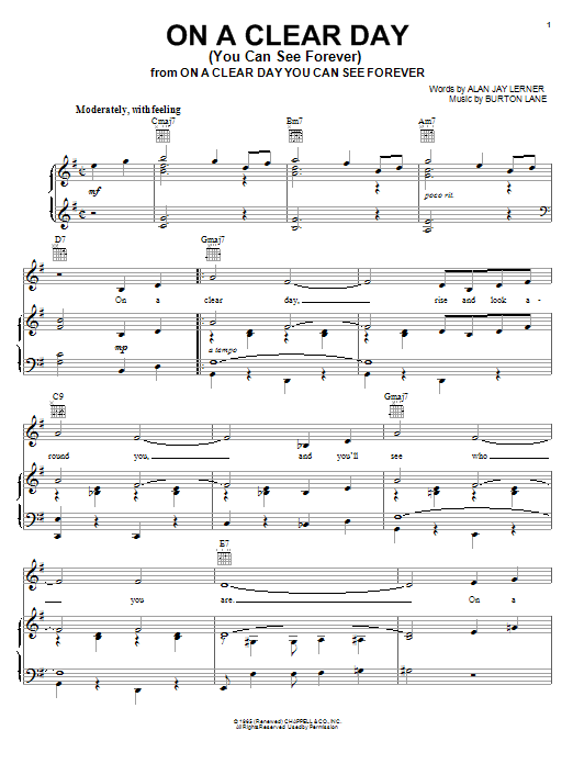 Preview Frank Sinatra On A Clear Day (You Can See Forever) Jazz sheet music, notes and chords for Piano, Vocal & Guitar (Right-Hand Melody), SKU: 18086 sheet music, piano notes, chords, guitar tabs, score, transpose, transcribe, how to play, guide, download, learn, tutorial, progression, song, artist, awards, billboard, mtv, vh1, tour, single, album, release