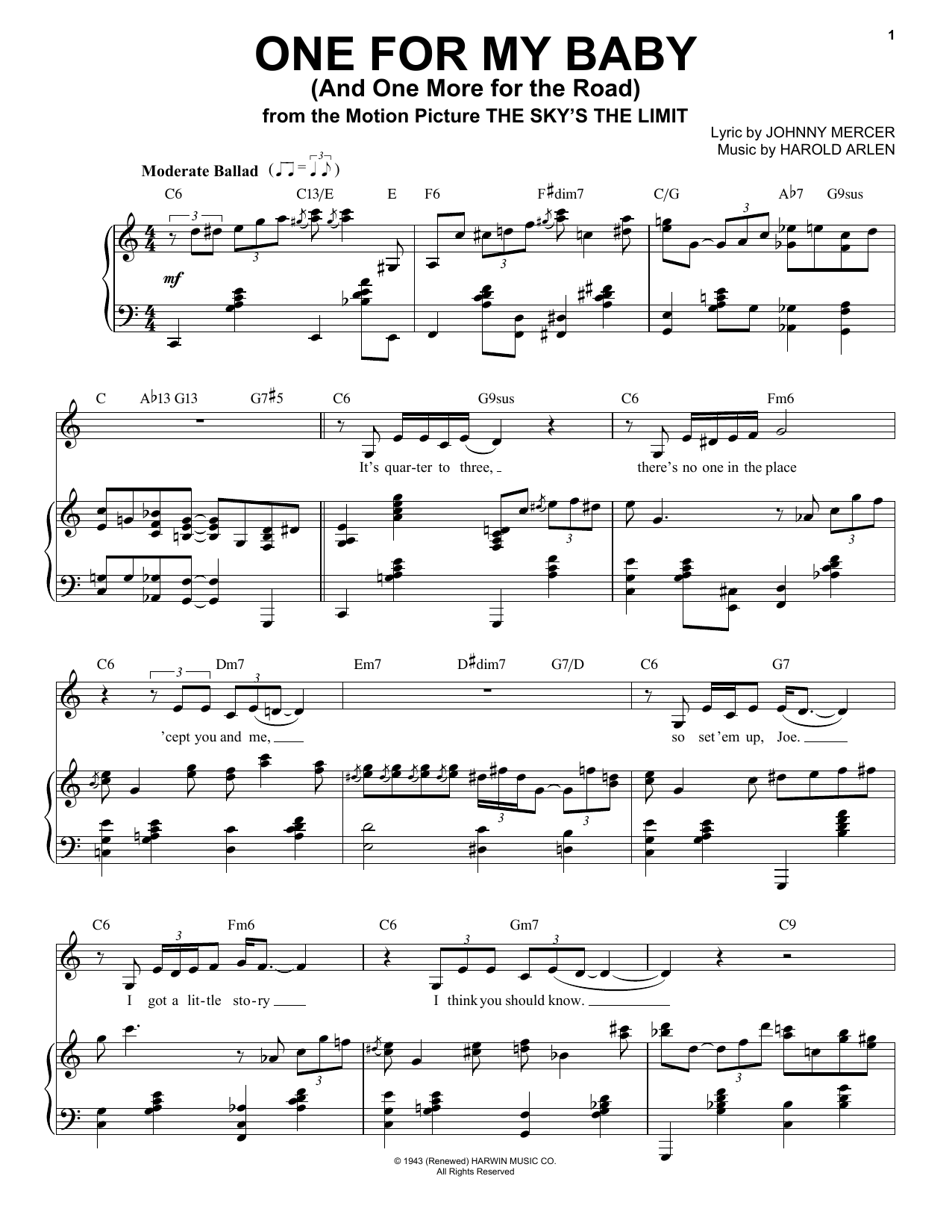 Download Frank Sinatra One For My Baby (And One More For The Road) sheet music and printable PDF score & Jazz music notes