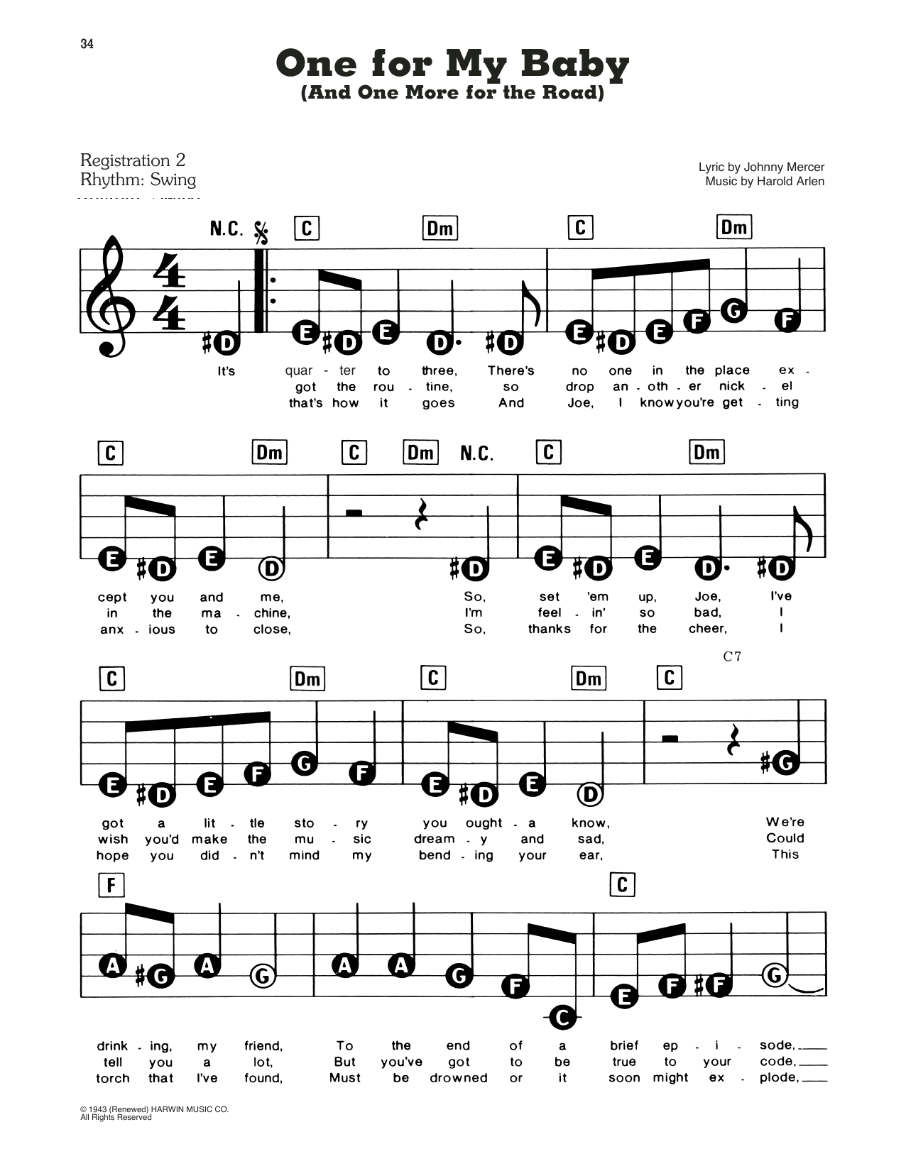 Preview Frank Sinatra One For My Baby (And One More For The Road) Jazz sheet music, notes and chords for Piano, Vocal & Guitar (Right-Hand Melody), SKU: 13834 sheet music, piano notes, chords, guitar tabs, score, transpose, transcribe, how to play, guide, download, learn, tutorial, progression, song, artist, awards, billboard, mtv, vh1, tour, single, album, release