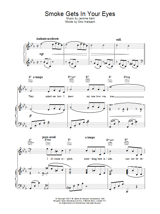 Preview Jerome Kern Smoke Gets In Your Eyes Jazz sheet music, notes and chords for Piano, Vocal & Guitar (Right-Hand Melody), SKU: 13723 Download Jerome Kern Smoke Gets In Your Eyes sheet music and printable PDF score & Jazz music notes