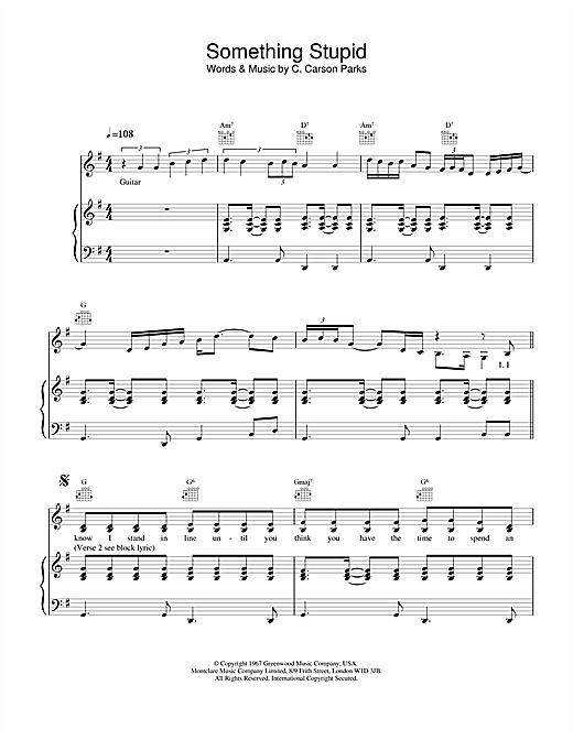 Preview Frank Sinatra Somethin' Stupid Jazz sheet music, notes and chords for Piano, Vocal & Guitar, SKU: 13853 sheet music, piano notes, chords, guitar tabs, score, transpose, transcribe, how to play, guide, download, learn, tutorial, progression, song, artist, awards, billboard, mtv, vh1, tour, single, album, release