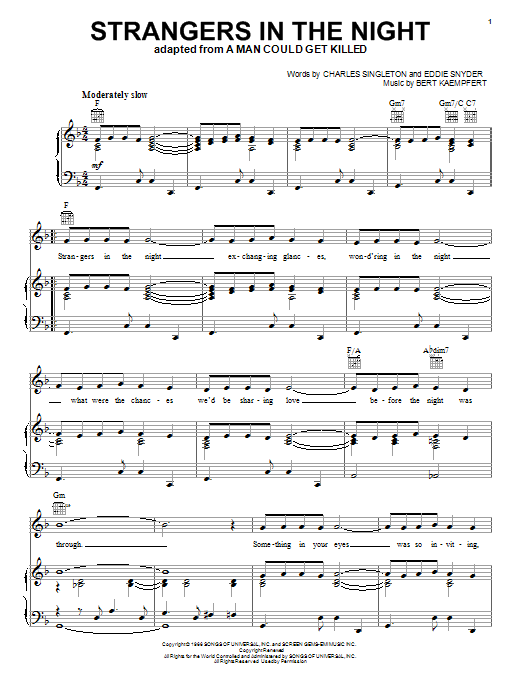 Preview Frank Sinatra Strangers In The Night Film and TV sheet music, notes and chords for Piano, Vocal & Guitar (Right-Hand Melody), SKU: 55021 Download Frank Sinatra Strangers In The Night sheet music and printable PDF score & Film and TV music notes