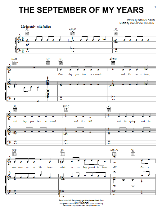 Preview Frank Sinatra The September Of My Years Jazz sheet music, notes and chords for Piano, Vocal & Guitar (Right-Hand Melody), SKU: 63201 sheet music, piano notes, chords, guitar tabs, score, transpose, transcribe, how to play, guide, download, learn, tutorial, progression, song, artist, awards, billboard, mtv, vh1, tour, single, album, release