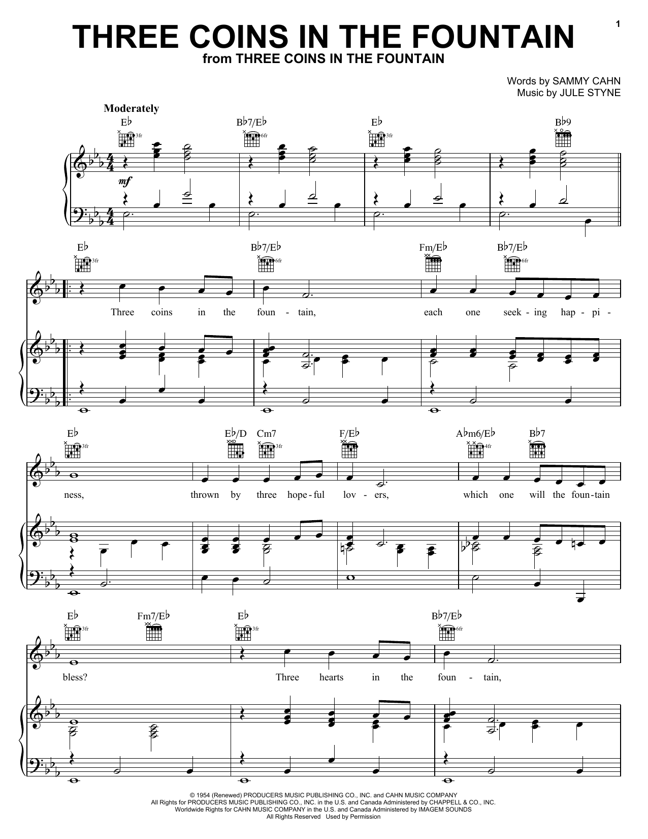 Download Frank Sinatra Three Coins In The Fountain sheet music and printable PDF score & Musicals music notes