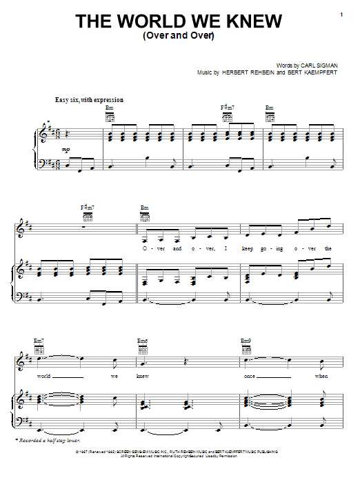 Preview Frank Sinatra World We Knew (Over And Over) Rock sheet music, notes and chords for Piano, Vocal & Guitar (Right-Hand Melody), SKU: 82200 sheet music, piano notes, chords, guitar tabs, score, transpose, transcribe, how to play, guide, download, learn, tutorial, progression, song, artist, awards, billboard, mtv, vh1, tour, single, album, release