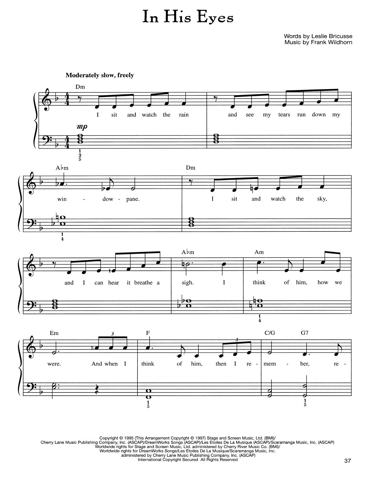 Preview Frank Wildhorn In His Eyes Broadway sheet music, notes and chords for Easy Piano, SKU: 160137 sheet music, piano notes, chords, guitar tabs, score, transpose, transcribe, how to play, guide, download, learn, tutorial, progression, song, artist, awards, billboard, mtv, vh1, tour, single, album, release