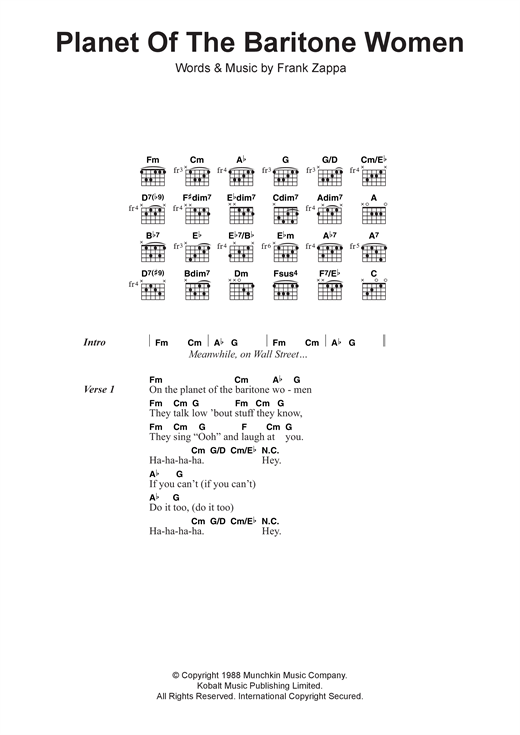 Preview Frank Zappa Planet Of The Baritone Women Rock sheet music, notes and chords for Lyrics & Chords, SKU: 121217 sheet music, piano notes, chords, guitar tabs, score, transpose, transcribe, how to play, guide, download, learn, tutorial, progression, song, artist, awards, billboard, mtv, vh1, tour, single, album, release