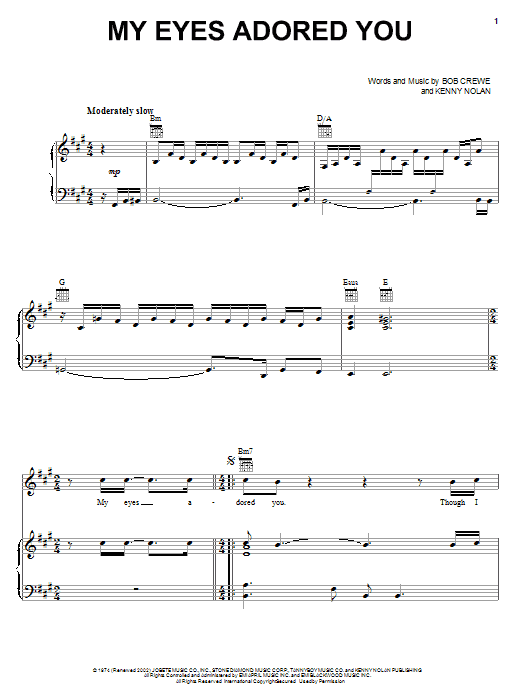 Preview Frankie Valli & The Four Seasons My Eyes Adored You Folk sheet music, notes and chords for Piano, Vocal & Guitar (Right-Hand Melody), SKU: 58801 sheet music, piano notes, chords, guitar tabs, score, transpose, transcribe, how to play, guide, download, learn, tutorial, progression, song, artist, awards, billboard, mtv, vh1, tour, single, album, release