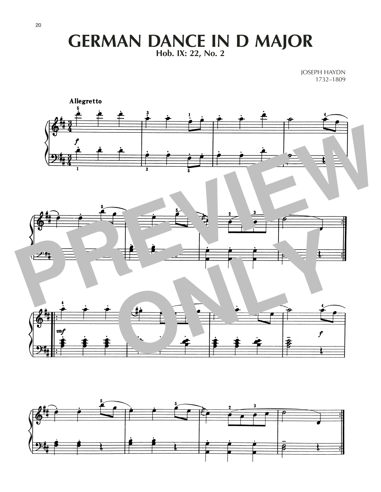 Franz Joseph Haydn German Dance In D Major, Hob. IX: 22, No. 2 Sheet Music & Chords for Piano Solo - Download or Print PDF