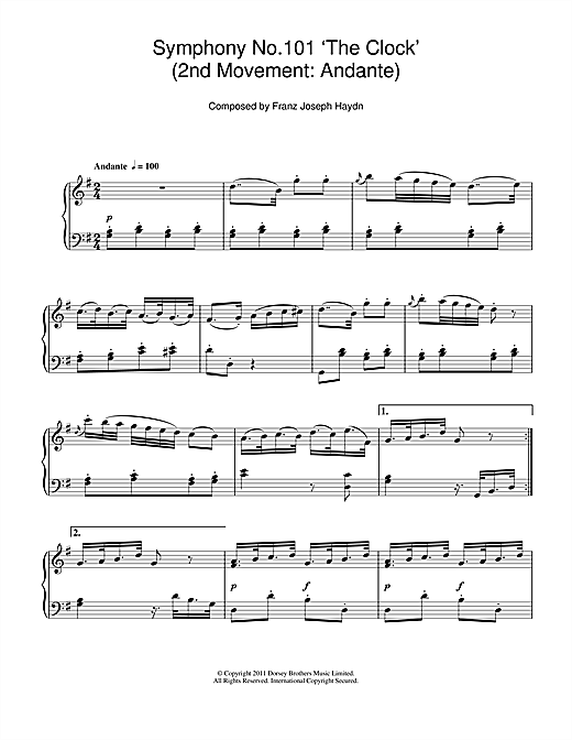 Preview Franz Joseph Haydn Symphony No.101 ‘The Clock' (2nd Movement: Andante) Classical sheet music, notes and chords for Piano, SKU: 110672 sheet music, piano notes, chords, guitar tabs, score, transpose, transcribe, how to play, guide, download, learn, tutorial, progression, song, artist, awards, billboard, mtv, vh1, tour, single, album, release