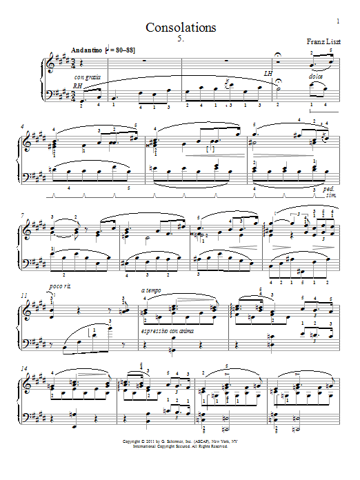 Preview Franz Liszt Consolation No. 5 Classical sheet music, notes and chords for Piano, SKU: 119454 sheet music, piano notes, chords, guitar tabs, score, transpose, transcribe, how to play, guide, download, learn, tutorial, progression, song, artist, awards, billboard, mtv, vh1, tour, single, album, release